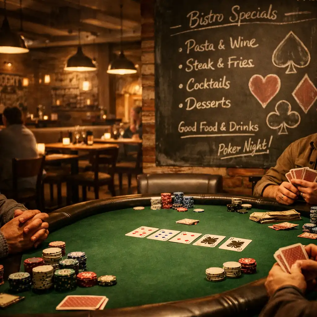 Interiér bistra s pokerovým stolem v popředí, jídelními stoly v pozadí a křídovou tabulí s menu