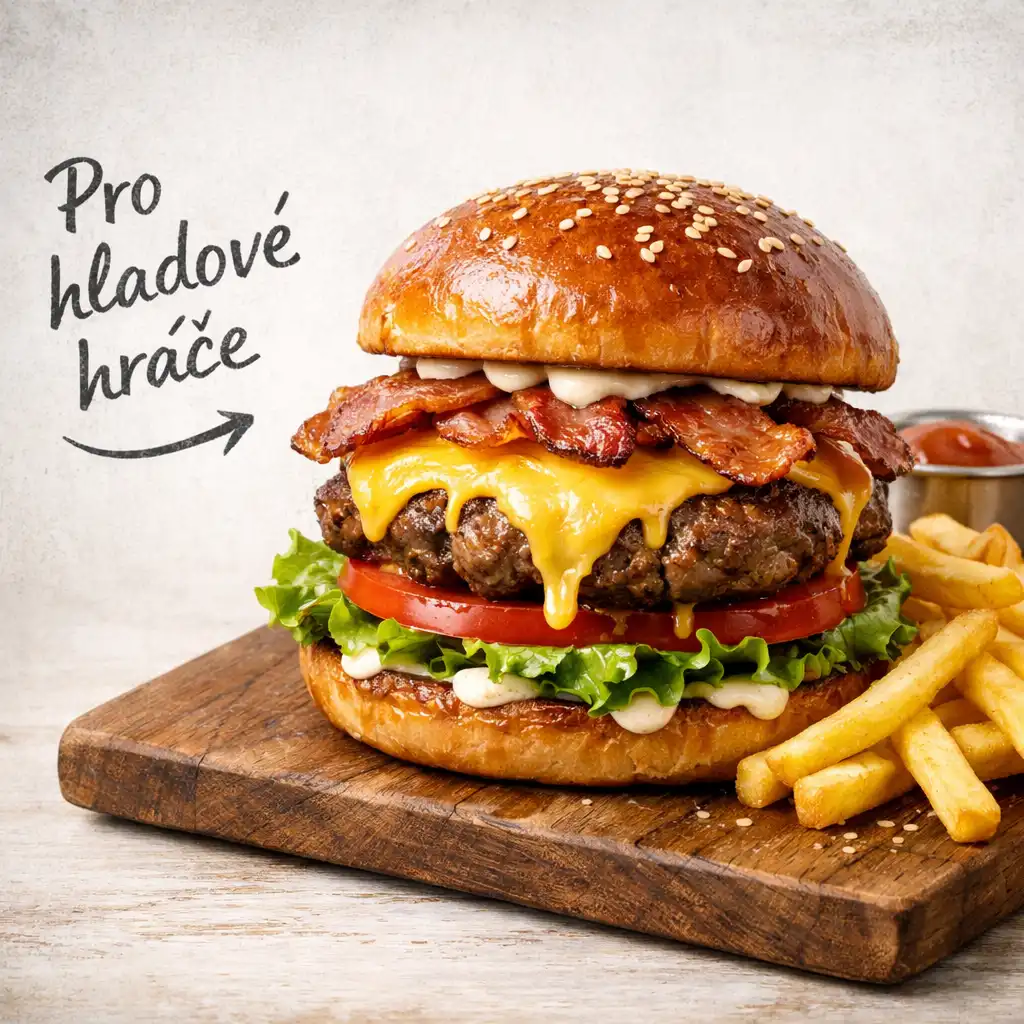 Šťavnatý burger z hovězího masa s čedarem, slaninou a hranolky