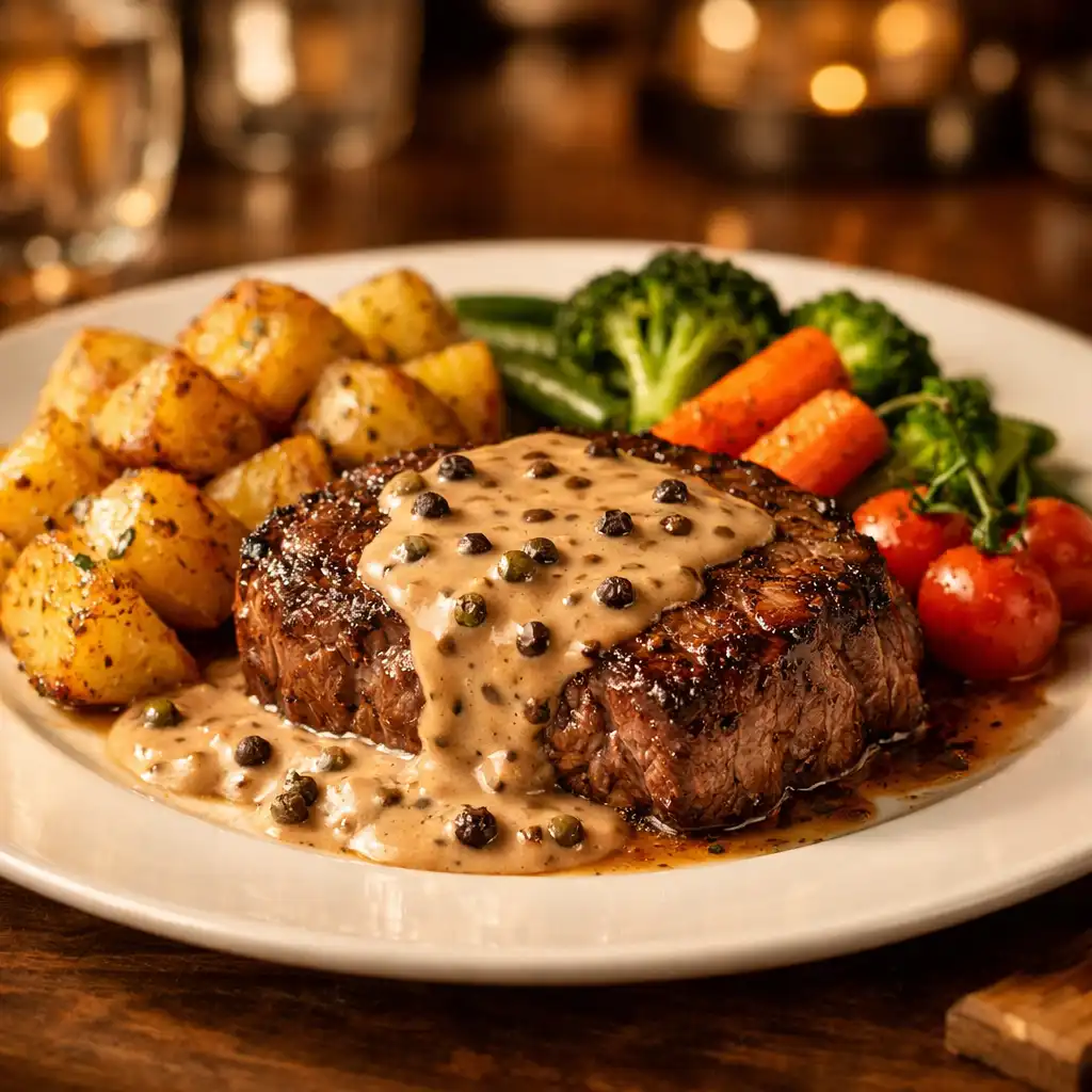 Hovězí steak s pepřovou omáčkou a přílohou