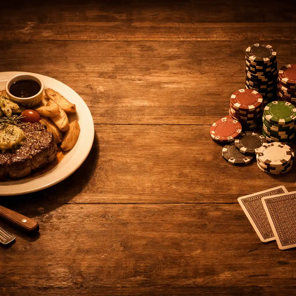 Zátiší s talířem jídla a pokerovými žetony na dřevěném stole