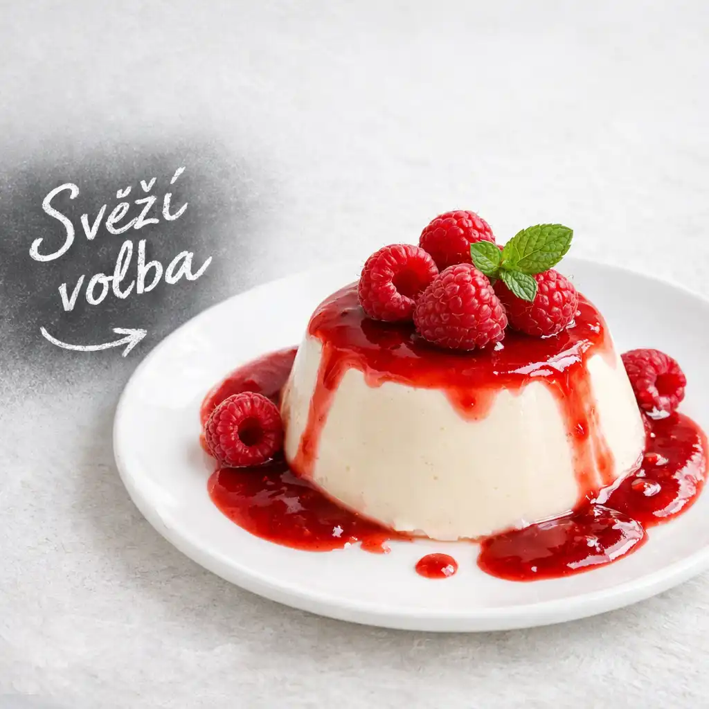 Panna cotta s malinovou omáčkou a čerstvými malinami