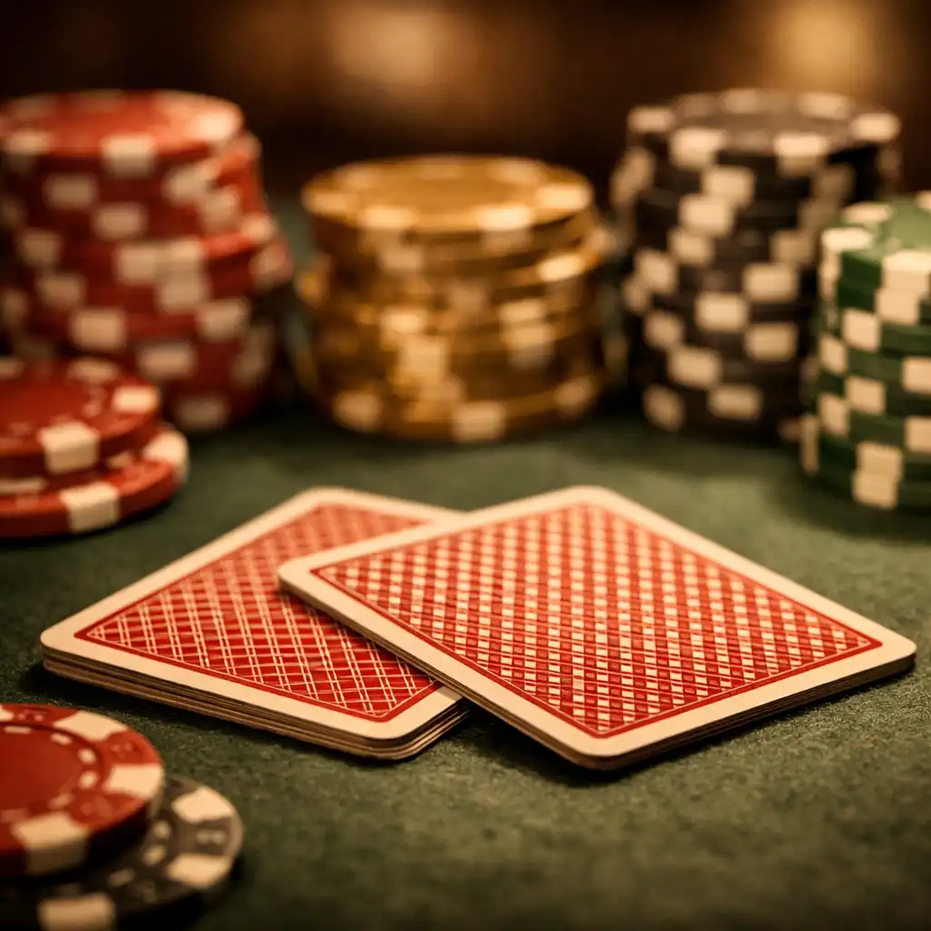 Detailní pohled na pokerové karty a žetony na stole