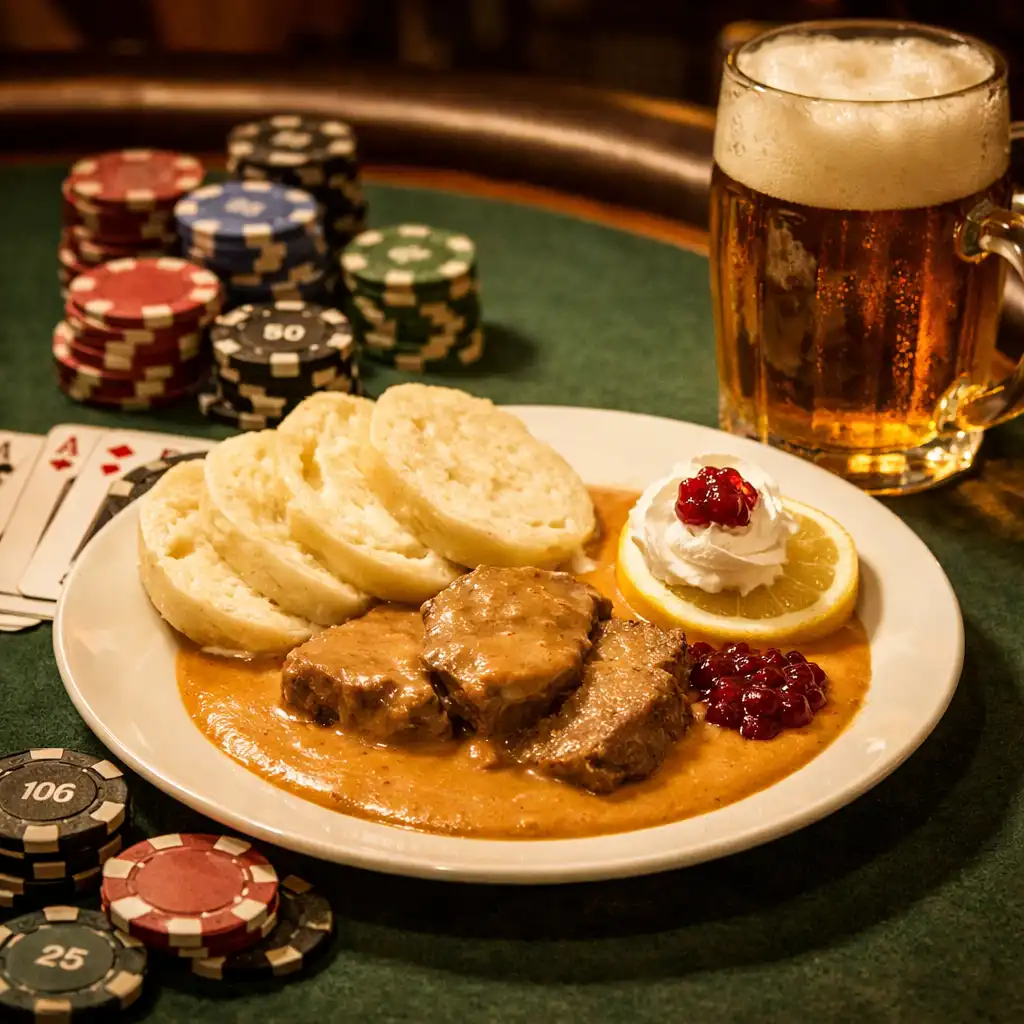 Český pokrm servírovaný u pokerového stolu s kartami, žetony a sklenicí piva