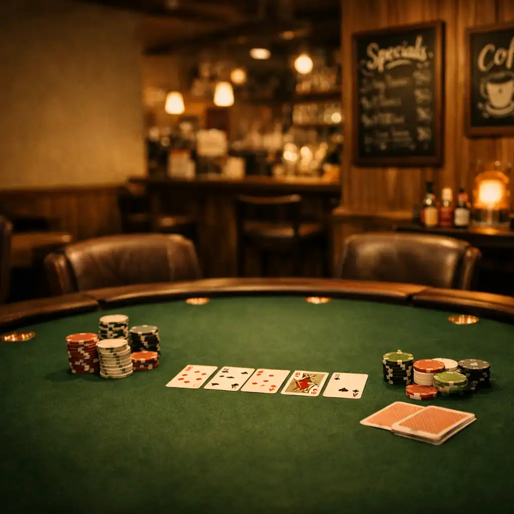 Profesionální pokerový stůl s kartami a žetony v útulném bistru Dobré Chutě Bistro