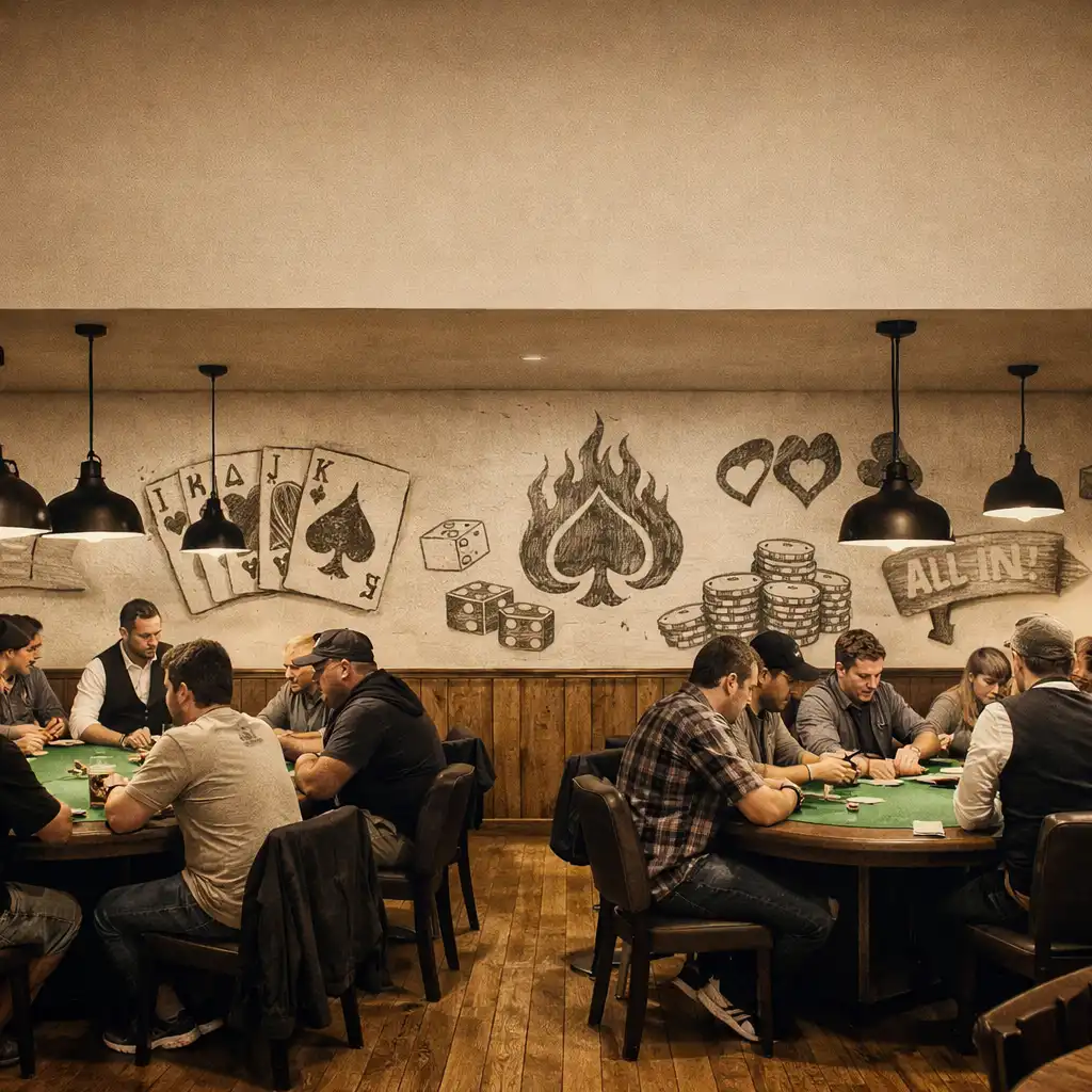 Interiér Poker Room s hráči u pokerových stolů
