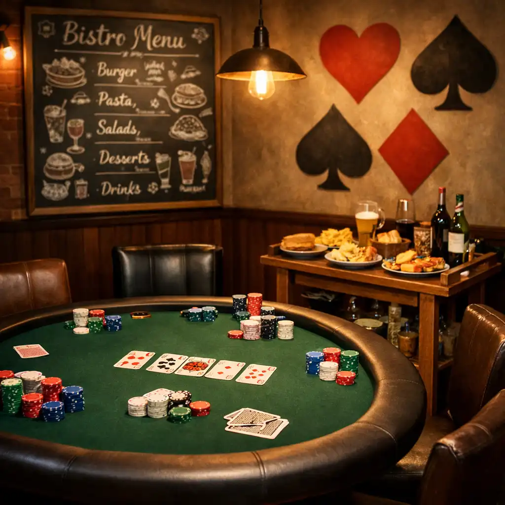 Interiér Poker Room s pokerovým stolem, židlemi a servírovacím stolkem s jídlem