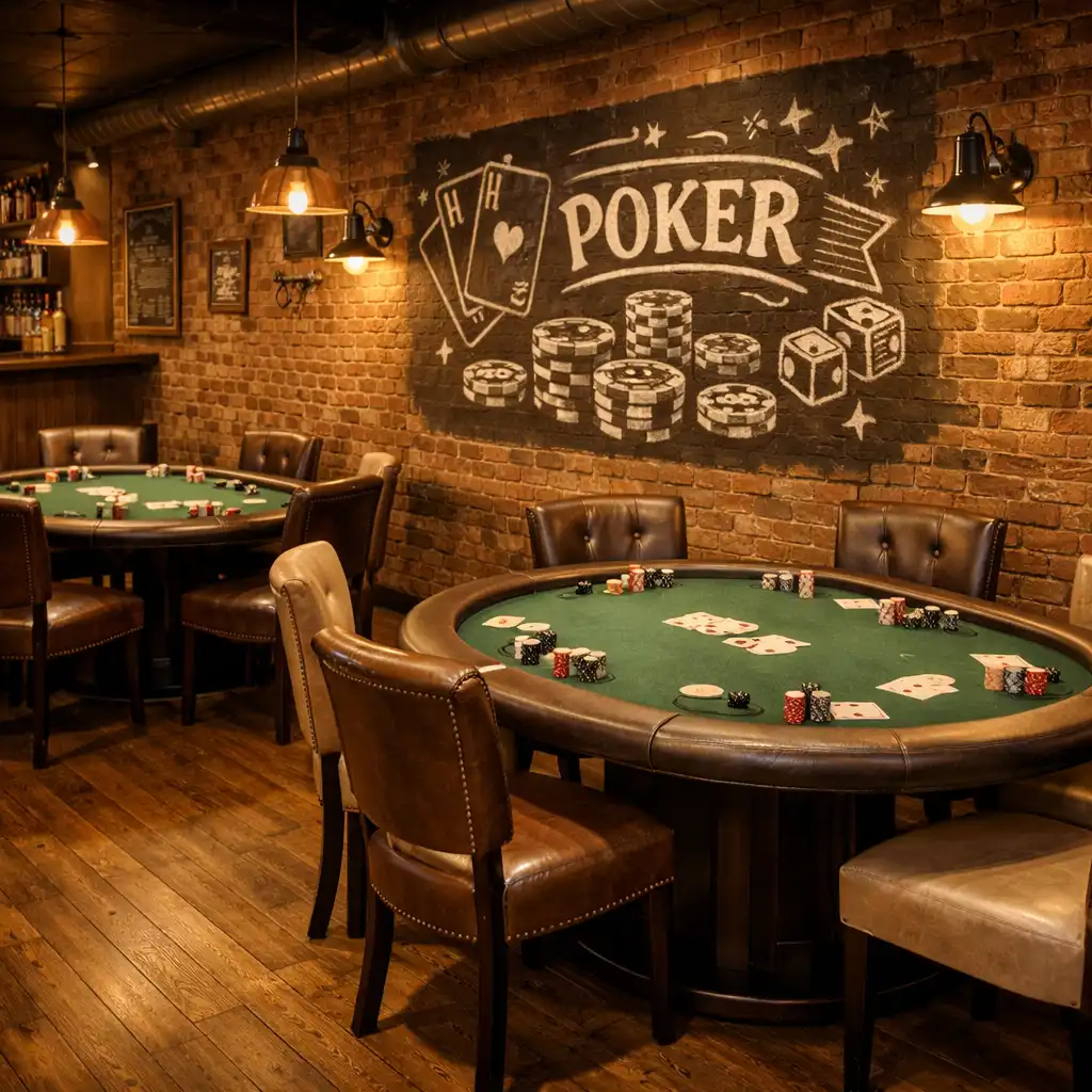 Interiér Poker Room se čtyřmi pokerovými stoly, dřevěnou podlahou a chalkboard dekoracemi
