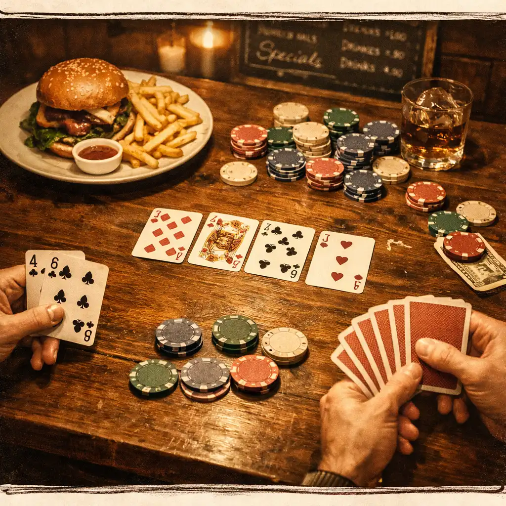 Pohled shora na pokerový stůl s kartami, žetony a talířem s jídlem v bistru