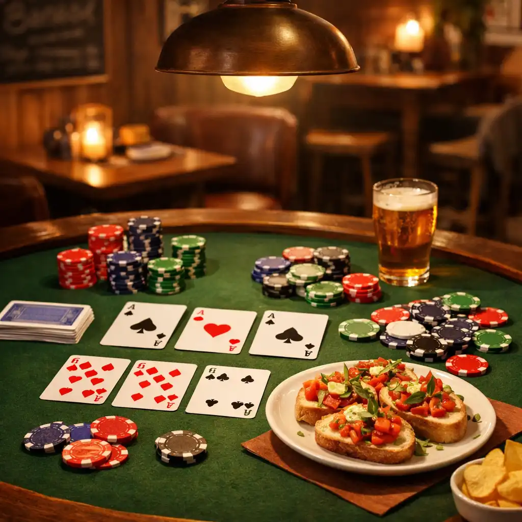 Pokerový stůl v bistru s žetony, kartami a talířem s občerstvením