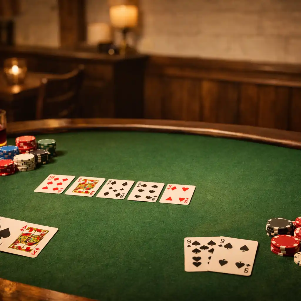 Pokerový stůl s kartami a žetony v útulném bistru
