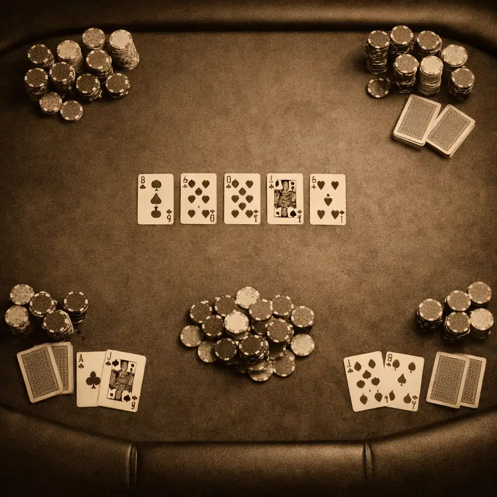 Pohled shora na pokerový stůl s rozdanými kartami a žetony