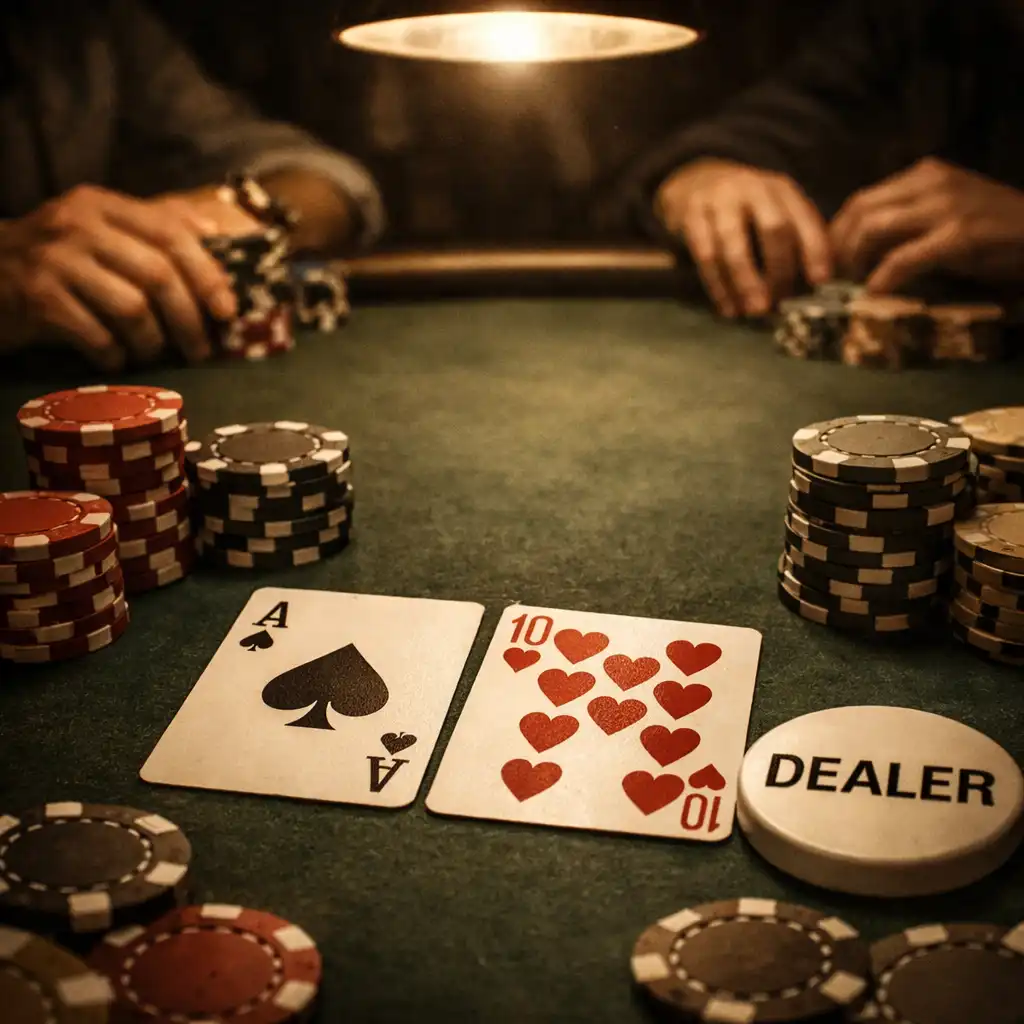 Detail pokerového stolu s kartami a žetony