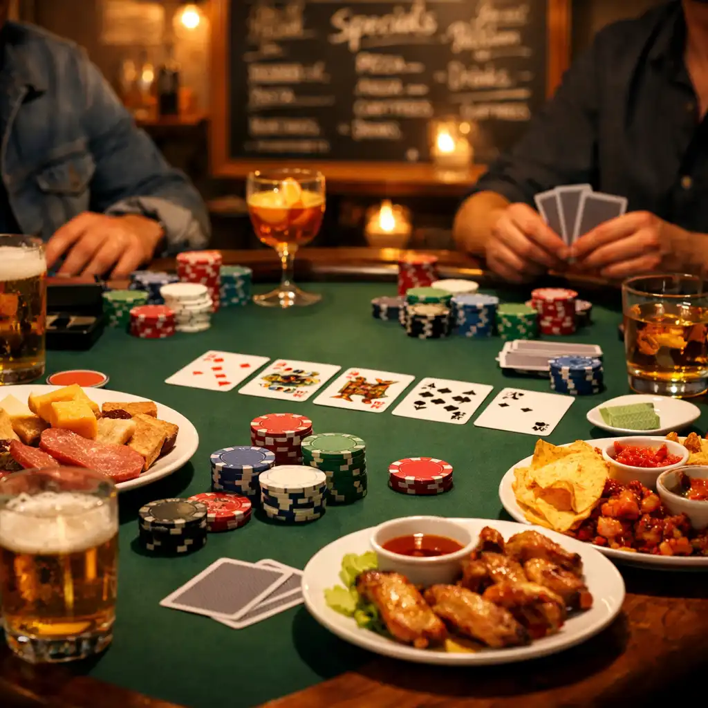 Pokerový stůl s jídlem, nápoji, kartami a žetony během pokerového večera