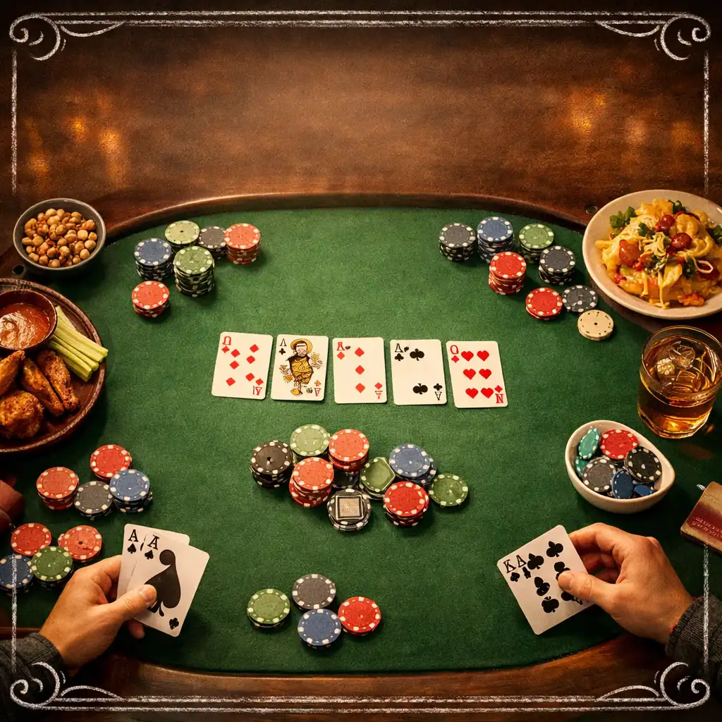Pohled shora na pokerový stůl s kartami, žetony a jídlem v útulném bistru
