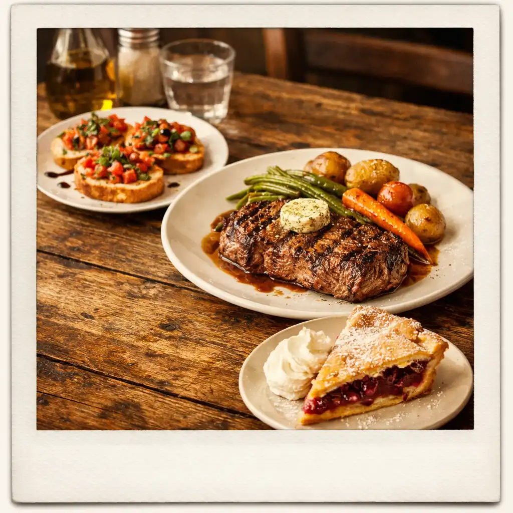 Tříchodové menu na rustikálním stole: bruschetta, grilovaný steak se zeleninou a domácí koláč