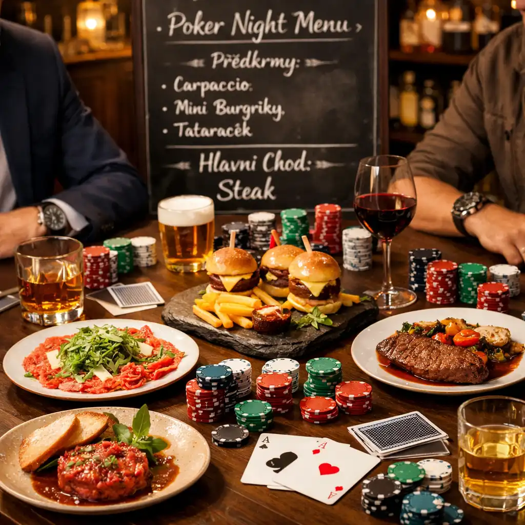 Pokerový večer s menu na míru – talíře s jídlem, nápoje, karty a žetony na stole