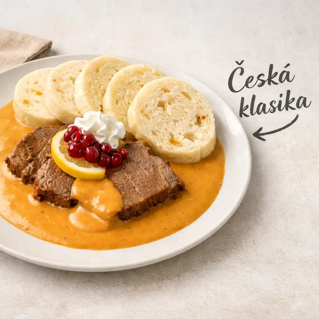 Svíčková na smetaně s houskovým knedlíkem, brusinkami a citronem