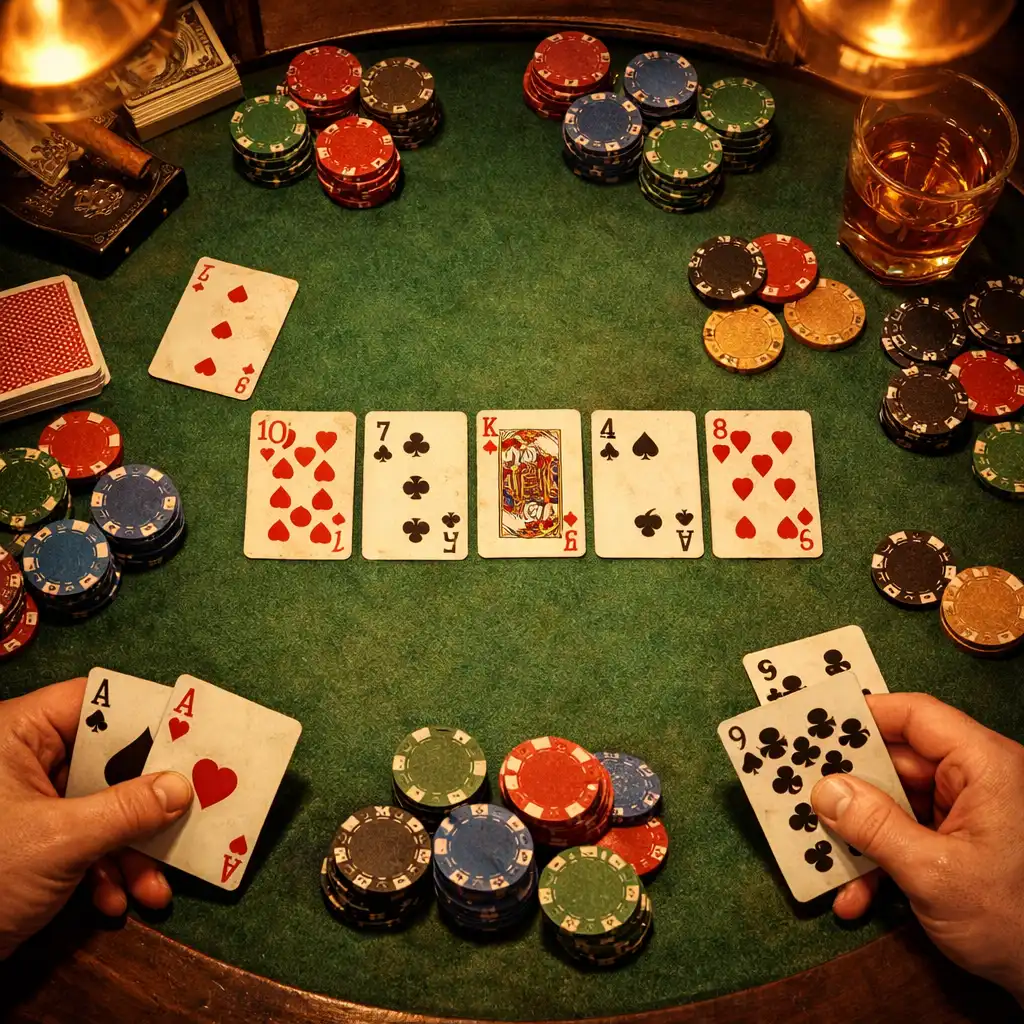 Pohled shora na pokerový stůl s kartami, žetony a rukama hráčů v útulném bistru